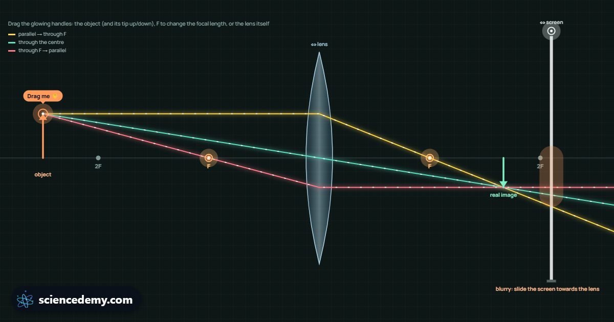 Lenses & Light, an interactive 3D simulation: Move an object past a lens or mirror and watch the rays form real and virtual images
