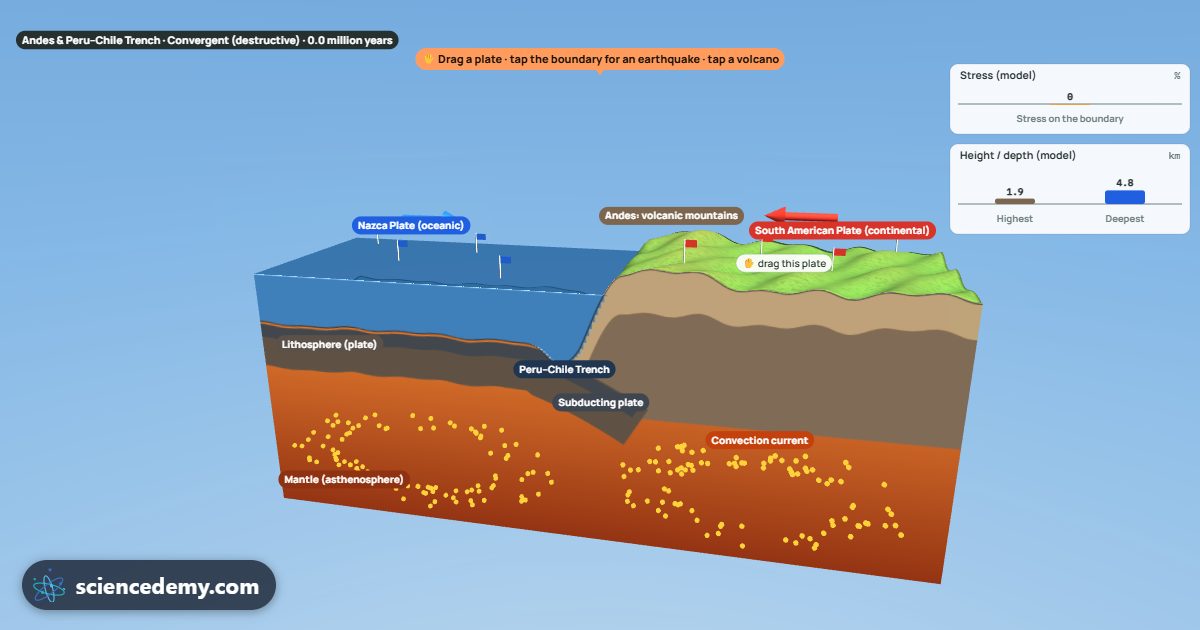 Plate Tectonics: Plate tectonics block diagram: an oceanic plate subducting under a continent, with an ocean trench, the Andes and mantle convection