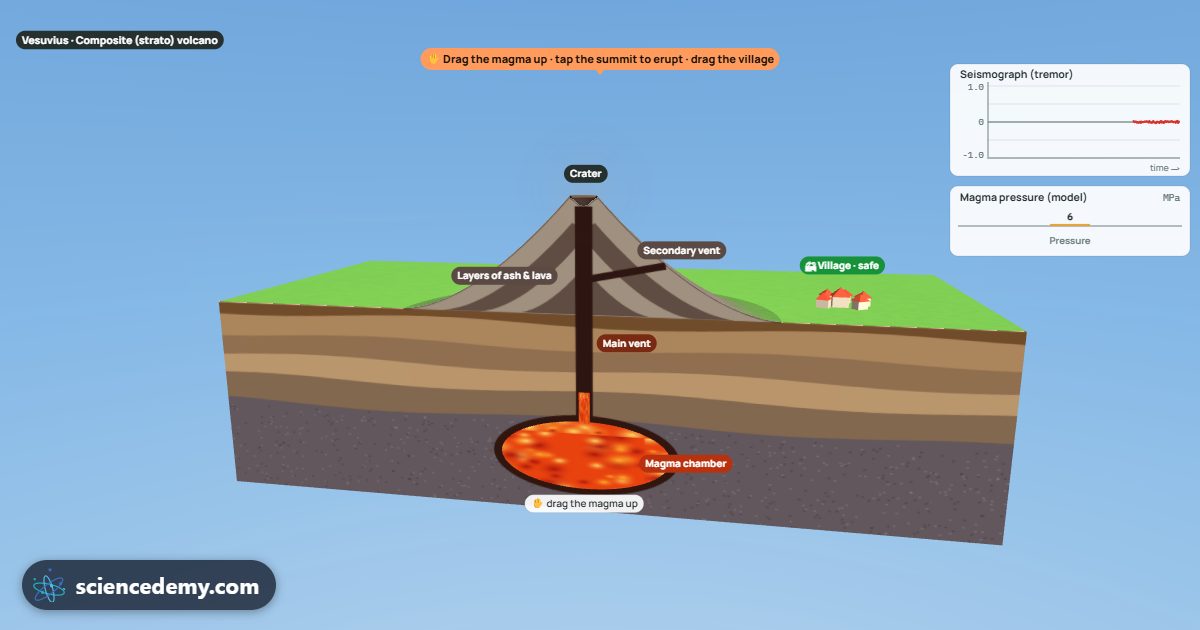 Volcano: Cut-away 3D volcano diagram: magma chamber, main vent, crater and layers of ash and lava under a blue sky