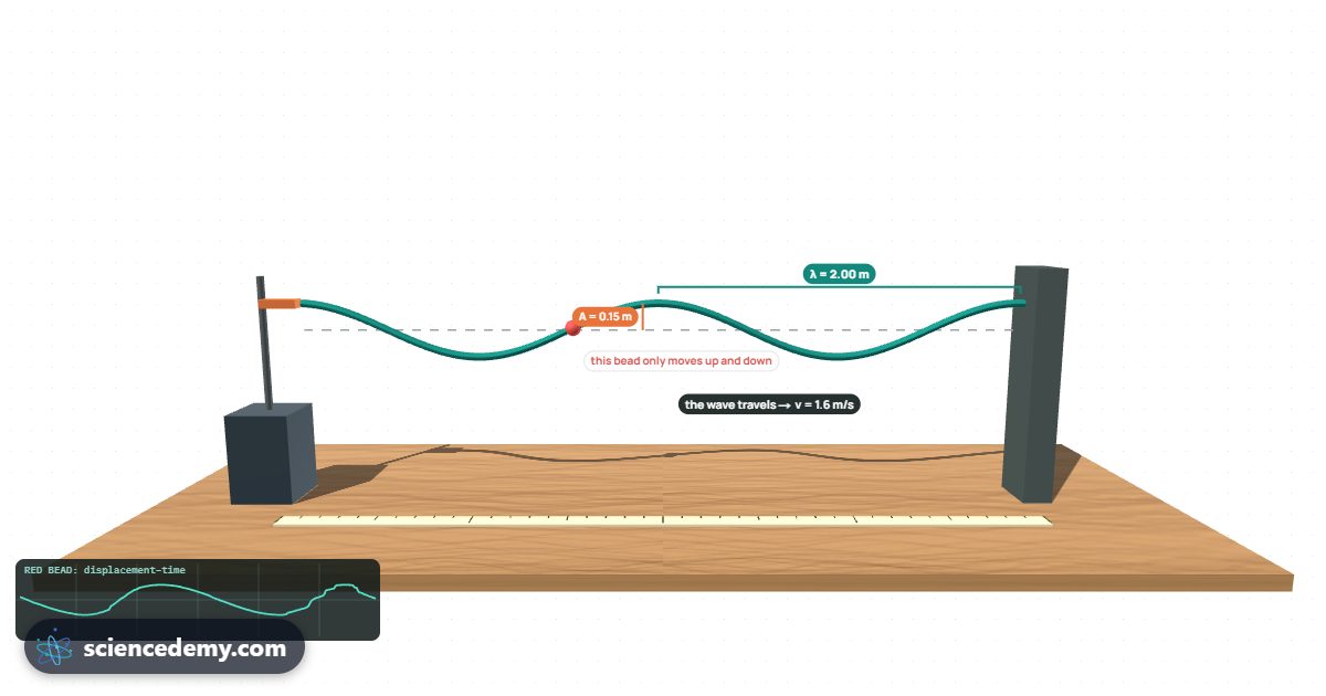 Waves & Sound, an interactive 3D simulation: Make waves on a rope, see and hear sound, pluck a 3D guitar and hit a drum: wavelength, frequency and v = fλ